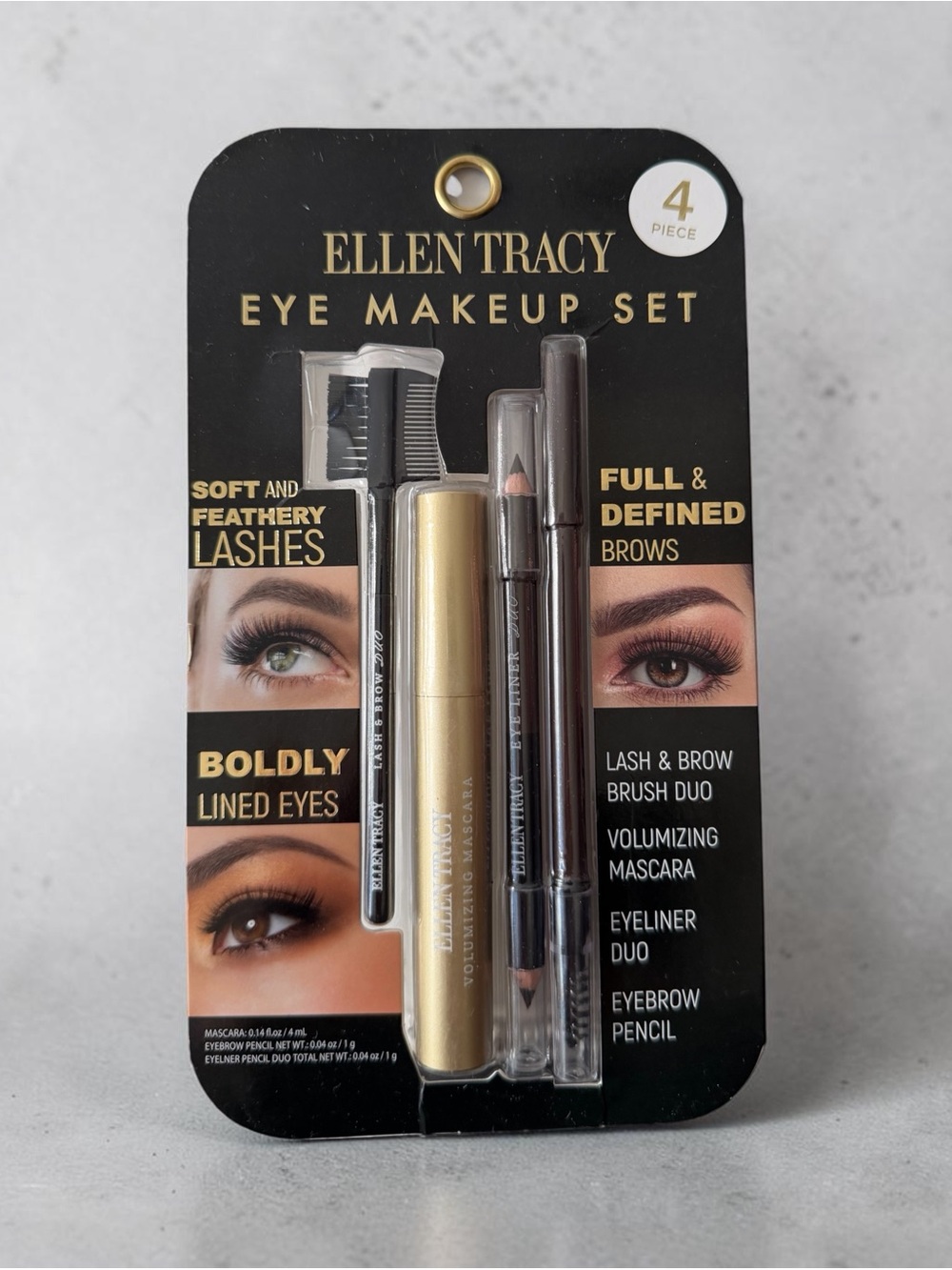 Ellen Tracy 4 Piece Eye Makeup Set - Mascara, Eye Liner, Brow Pencil, Brush
